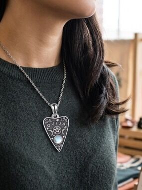 Gothic Ouija Planchette Necklace Silver Pentagram Moonstone Pendant Witchy